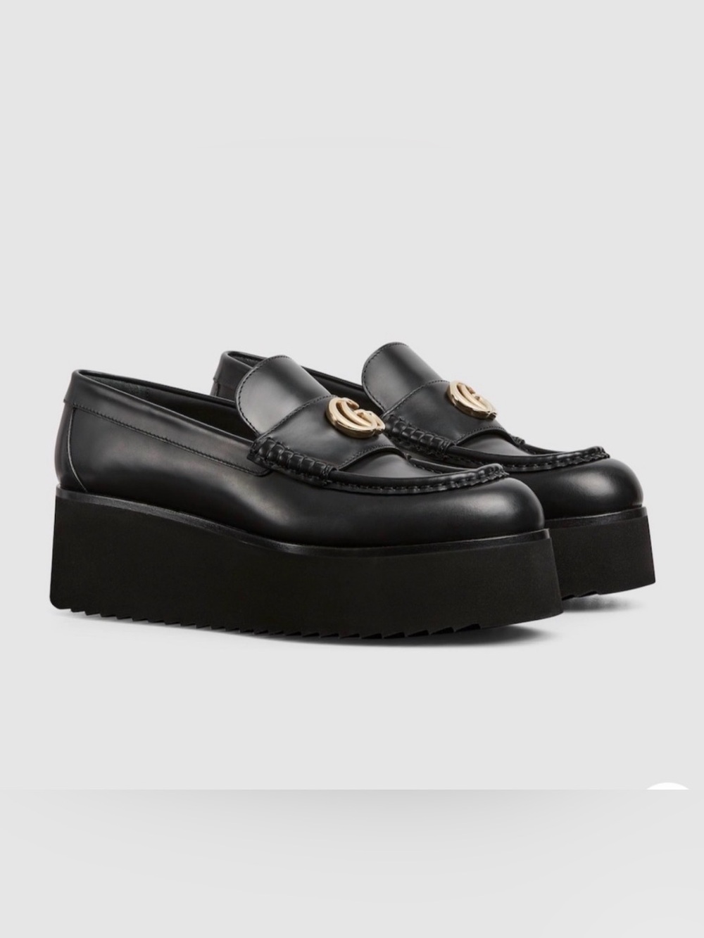 Gucci Black Leather Platform Loafers with Gold Double G